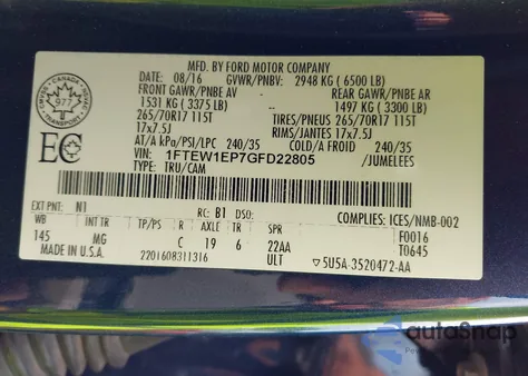 2016 Ford F-150 Xlt из США, поврежденный, VIN 1FTEW1EP7GFD22805